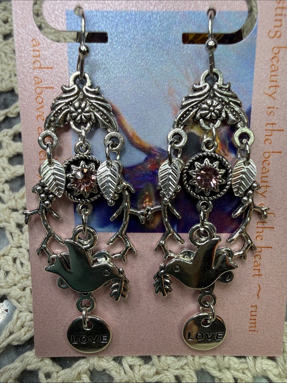 Silver-Tone Dove & Leaf Drop Earrings with Pink Crystal - Love Charm - Picture 3 of 3